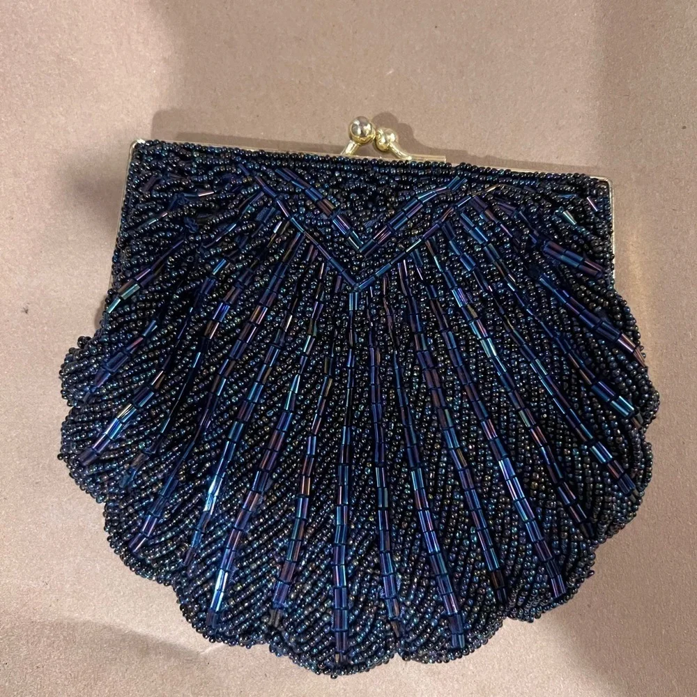 Vintage La Regale navy blue beaded evening bag converts to dressy clutch purse